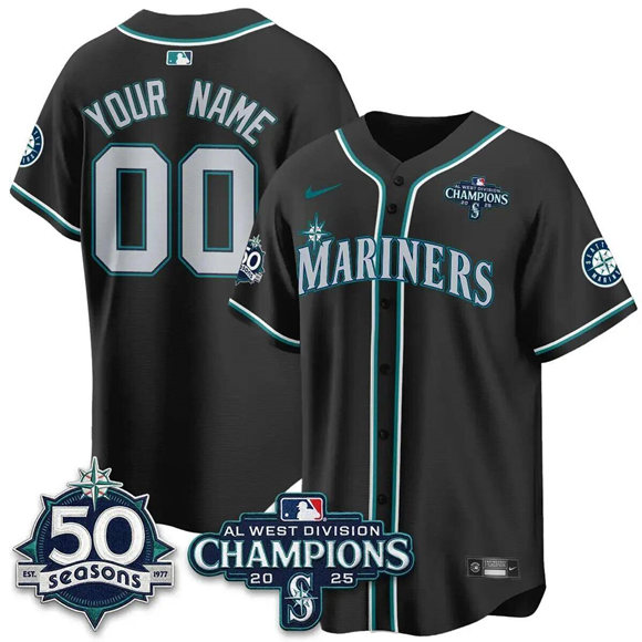 Men's Seattle Mariners Active Player Custom Black 2025 champions And 50 Seasons Patch Stitched Baseball Jersey Men's Seattle Mariners Active Player Custom Black 2025 champions And 50 Seasons Patch Stitched Baseball Jersey